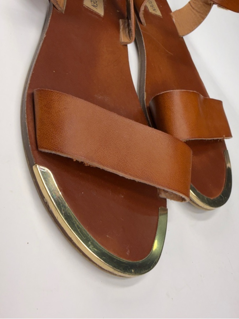 Steve Madden Tan Leather Ankle-Strap Sandals with Gold Toe Caps